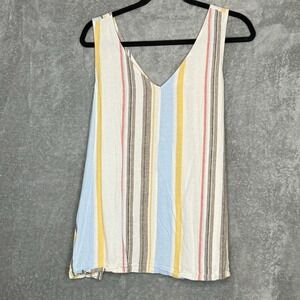 Time & Tru 22 2X Top Shirt Ivory Blue Striped V Neck Sleeveless Linen Blend